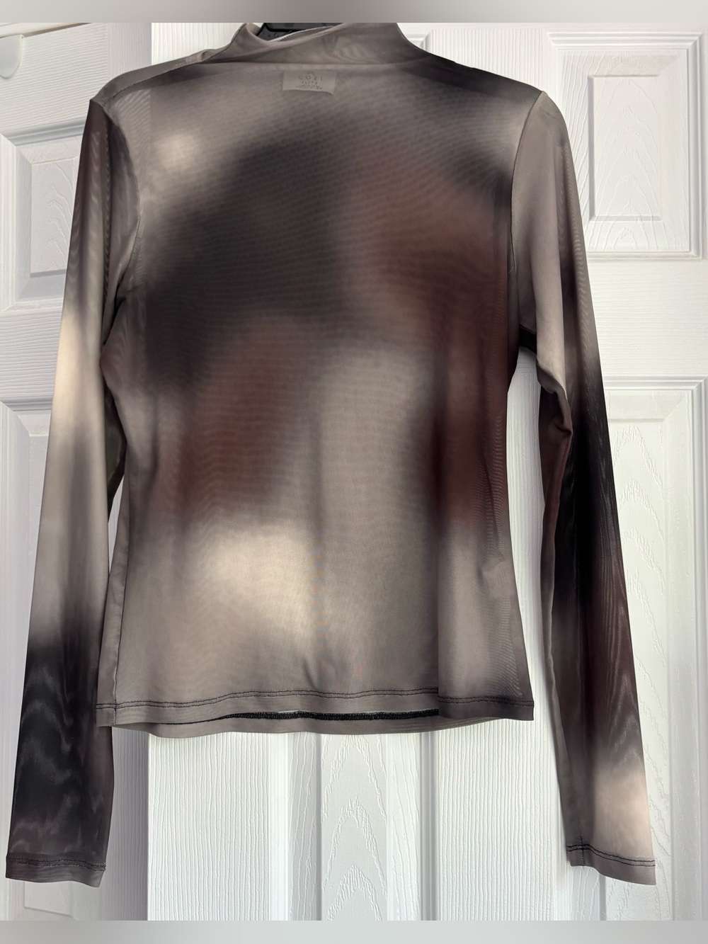 Cozzi Brand Sheer Long-Sleeve Mock Neck Fitted Top - Smoke Effect Sz XL